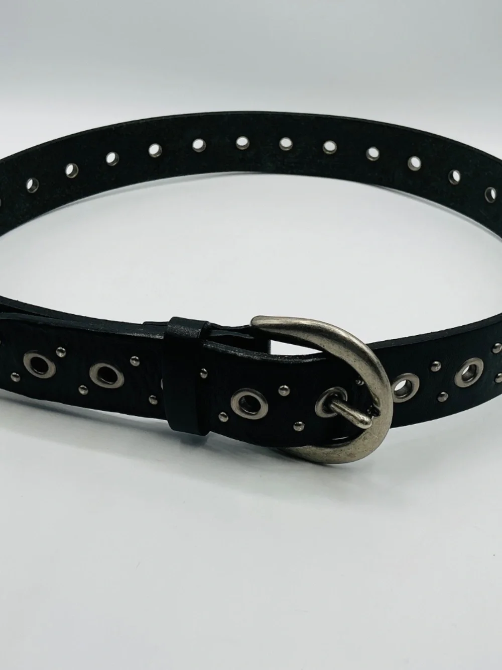 VTG Belt Black Leather Eyelet Grommet Studded Waist Gothic Grunge Solid Brass